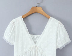 LIZAKOSHT - White Embroidery Hollow Out Hole Splice Lace V neck Short Puff Sleeve Shirt Women Center Button Elastic Back Slim Crop Tops