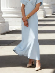 LIZAKOSHT - Elegant Satin Solid Long Dress Women V-neck Short Sleeve Pleated Female Party Dresses Summer Lady Chic Holiday Beach Robes