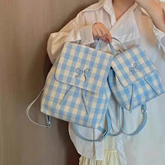 LIZAKOSHT - Korean Preppy Sweet Plaid Girls Backpack Y2k Aesthetic Bow Casual Kawaii Schoolbags Women Students All Match Fashion Backpacks