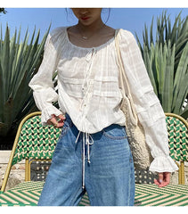 LIZAKOSHT - O-neck Casual Lace up Loose lazy top lantern Long Sleeve White Blouses For Women Cotton Boho Beach Casual Blouse Holiday shirts