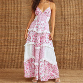 LIZAKOSHT - Women Floral Flowy Maxi Dress Boho Y2K Long Dress Spaghetti Strap V Neck Low Cut Ruffle Frill Tiered Beach Sundress