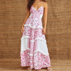 LIZAKOSHT - Women Floral Flowy Maxi Dress Boho Y2K Long Dress Spaghetti Strap V Neck Low Cut Ruffle Frill Tiered Beach Sundress
