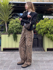 LIZAKOSHT - Women Vintage Overalls Leopard Printed Baggy Wide Leg Pants 2024 Spring Casual Hip-hop Cargo Grunge Baggy Trousers High Street