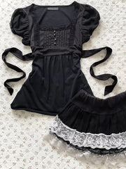 LIZAKOSHT - Gentle Sexy Dark Subculture 2000s T Shirts Summer Gothic Harajuku Aesthetic Short sleeve Femme Slim Girdling Waist Lace T Shirts
