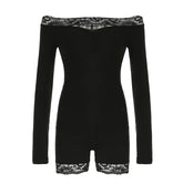 LIZAKOSHT - Sweetown Slim Black Lace Trim Playsuit Women Sexy Comfortable Long Sleeve Classical Rompers 2024s New Chic