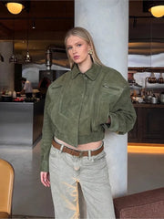 LIZAKOSHT  -  Elegant Cropped Suede Jacket Women 2025 New Autumn Winter Vintage Casual Loose Pocket Zipper Long Sleeve Short Coat Streetwear