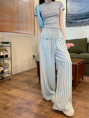 LIZAKOSHT - Trousers Blue Stripe Colorful Shell Buckle Wide Leg Pants High Waist For Women New Korean Fashion Summer Loose Lazy Style Causal