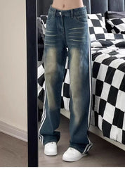 LIZAKOSHT - Jeans Side Stripe High Waist Streetwear Retro Washed 2024 Summer New American Women Leisure Loose Leg Straight Leg Pants