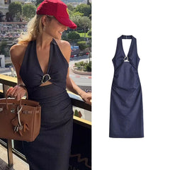 LIZAKOSHT - Denim Dress Summer 2025 New Fashion Slim V-neck Hanging Neck Elegant Long Dress Women Street Holiday Chic Youth Party Dress