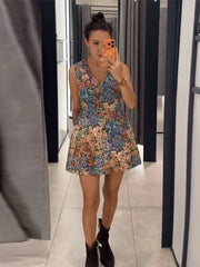 LIZAKOSHT - Vintage Print Mini Dress Women Mixed Floral Midi Dresses Sleeveless V Neck Button Front A Line Dress Summer Vacation Clothes