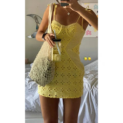 LIZAKOSHT - y2k Mini Dress Summer Women Hollow Out Floral Spaghetti Strap Sleeveless Bodycon Dress Going Out Party Dresses Clubwear