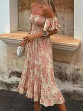 LIZAKOSHT - Summer Fashion Women's Elegant Dress Color Blocked Print Off Shoulder Strapless Sexy Lotus Leaf Sleeve Vacation Long Dress