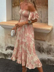 LIZAKOSHT - Summer Fashion Women's Elegant Dress Color Blocked Print Off Shoulder Strapless Sexy Lotus Leaf Sleeve Vacation Long Dress