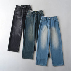 LIZAKOSHT - Women Loose Denim Pants Full Length Winter Trousers American Retro Gradient Washing Knee Straight Wide Leg Jeans With Fleece