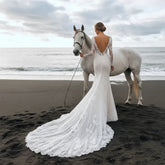 LIZAKOSHT - Boho Lace Mermaid Wedding Dress Backless Long Sleeves Beach Bridal Gowns Court Train Country Robe de mariée Customized