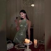 LIZAKOSHT - Sequin Halter Women's Dresses Sexy Backless Club Party Dress Solid Slim Sleeveless Long Dresses Female Elegant Mini Dress