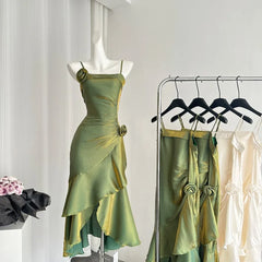 LIZAKOSHT - Sexy Ruffle Rose Tie Flower Design Slip Dress New Elegant Sexy Spicy Girl Style Slimming Midi Dress for Women