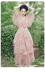 LIZAKOSHT  -  runway designer pink floral pattern buttons ruffles midi dress irregular lace up vestidos vintage french retro clothing