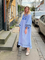 LIZAKOSHT  -  Chic Embroidered Patchwork Maxi Dress Women Stylish O-neck Striped Lantern Sleeves Long Dresses Female Summer Casual Ladies Robe