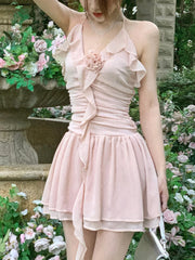 LIZAKOSHT - Summer Pink Elegant kawaii Dress Women Chiffon Korean Fashion Party mini Dress Female sexy casual Sweet Suspender Dress New