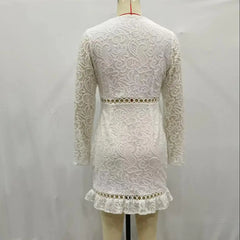 LIZAKOSHT - Sexy V neck Long Sleeve Short Robe Women Hollow Out Hole Spliced White Flower Lace Mini Dress