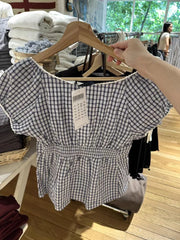 LIZAKOSHT - Women Navy Plaid Lace Trim T-Shirt Summer Blouse Buttons Scoop Neck Puff Sleeve Cotton Tshirt Sweet Preppy Style Crop Tops Y2k