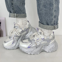 LIZAKOSHT - Fashion Silver Chunky Sneakers Women Autumn Lace Up Platform Sports Shoes Woman Thick Bottom Non Slip Walking Shoes Ladies