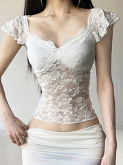 LIZAKOSHT - Summer Y2k Aesthetic Sexy Slim Crop Top Lace Jacquard Bottoming Women T-shirt See Through Bandage Harajuku Vintage Tee Shirts