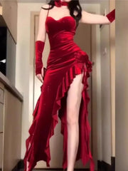 LIZAKOSHT - Sexy Bodycon Irregular Ruffles Velvet Red Dresses for Women Spaghetti Strap Evening Party Dress Autumn High Split Vestidos New