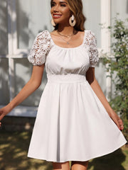 LIZAKOSHT - Summer White Puff Sleeve Cutout Flower Dress Sexy Backless Bow Square Neck High Waist Bandage Dresses Vestidos Party Dress