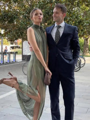 LIZAKOSHT - Contrast Color Hanging Neck Maxi Dress Women Chic Off Shoulder Sleeveless Split Loose Long Robes Lady Casual Party Dresses