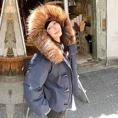 LIZAKOSHT  -  Women's Autumn Winter Top Coat Cotton Coat Fur Collar Horn Button Hood Thickened Warm Retro Comfortable Casual Niche Versatile