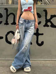 LIZAKOSHT  -  Fashion Street Blue Washed Low Rise Straight Jeans Women Summer Retro New Loose Korean Street Casual Wide Leg Jeans