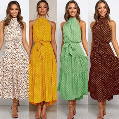LIZAKOSHT - Women Solid Dot Long Dresses Summer Strapless Lace Up Dress Boho Beach Dresses