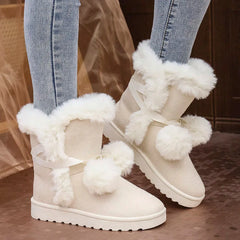 LIZAKOSHT - Big Size 43 Winter Cute Pink y2k Snow Boots Black Women Keep Warm Plush Ankle Boots Faux Fur Hairball Flat Comfy Outdoor Shoes