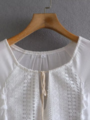 LIZAKOSHT - White Short Sleeve Lace Dress for Women Robe Casual Lace Up Tassel O-neck Mini Dresses Summer Boho Beach Wear Vestidos