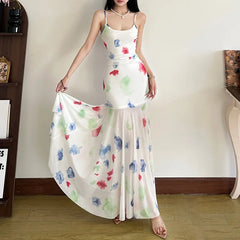 LIZAKOSHT - Aesthetic and Elegant Slim Shoulder Strap Sling Dress Women's Spring Summer Gauze Printed Stitching Dress Women's Clothing