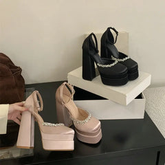 LIZAKOSHT - Women'S Summer Fashion Waterproof Square Head Hollow Thick Heel Bao Head Hate Sky High Satin High Heels Catwalk Sandals