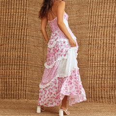 LIZAKOSHT - Women Floral Flowy Maxi Dress Boho Y2K Long Dress Spaghetti Strap V Neck Low Cut Ruffle Frill Tiered Beach Sundress