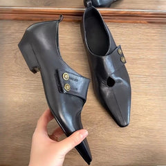 LIZAKOSHT - Designer Low Heel Loafers Women Retro Pointed Toe Fashion British Style Small Leather Shoes Elegant Brand Mary Jane Shoes Women