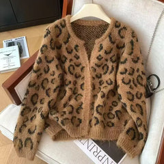 LIZAKOSHT - Leopard Print Sweater Cardigan for Women Vintage Button-Up Single Breasted Knit Top Coat Comfy Soft Autumn Winter Y2K Sweater