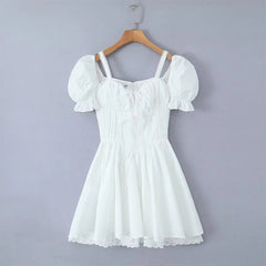 LIZAKOSHT - Summer Sweet Princess Mini Dress Women Puff Sleeve Spliced Lace Slim Waist Ruffle Hem Cake Party Robe Fairy Vestidos