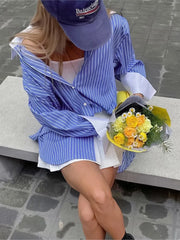 Lizakosht Spring Summer Striped Blouses 2024 New Simple Long Sleeve Lapel Collar Patchwork Blouse Ladies Casual Fashion Shirts For Women