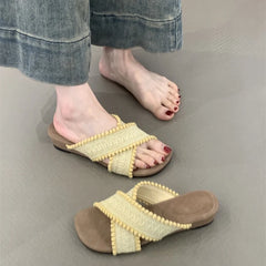 LIZAKOSHT - Summer Women Fashion Weave Cross Slippers Casual Comfort Wedges Heel Beach Vacation Slides Shoes