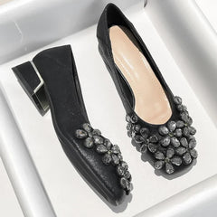 LIZAKOSHT - Crystal Flower Designer Women Shoes Chunky Elegant Dress Shoes Shallow Comfort Fashion Diamond Pumps Women Zapatos De Mujer