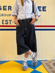 LIZAKOSHT - Denim Shorts Women High Waisted Harajuku Vintage Baggy Do Old Belt Straight Wide Leg Jeans Y2k Causal Half Pants Summer