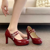 LIZAKOSHT - Designer Luxury Thick Heel Women Mary Jane Shoes Concise Shallow Belt Buckle Shoes Ladies Outdoor Elegant Dress Dancing Pumps
