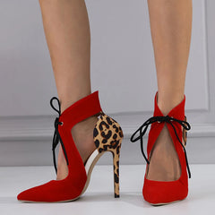 LIZAKOSHT - Fashion Cross-Tied Women Pumps Sandals Sexy Pointed Toe Wedding Stripper High Heels Leopard Print Stiletto Shoes Mules