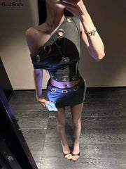 LIZAKOSHT  -  Summer Y2K Vintage Fake 2 Piece Sets Women Off Shoulder Sexy Hollow Out Crop High Waist Bodycon Mini Dress Party Outfits 2025