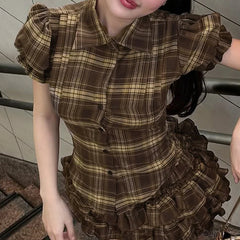 LIZAKOSHT  -  Back Shirred Plaid Blouse Brown French Style Turn-down Collar Single-breasted Shirts Vintage Puff Short Sleeve Tops